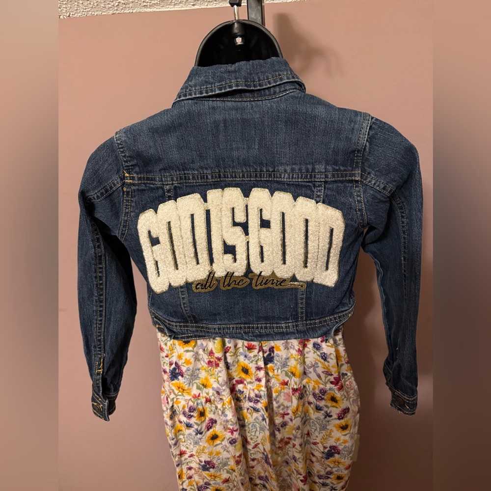 Girls size 6/6x custom jean jacket, Hod is Good all the time Chenille Patch
